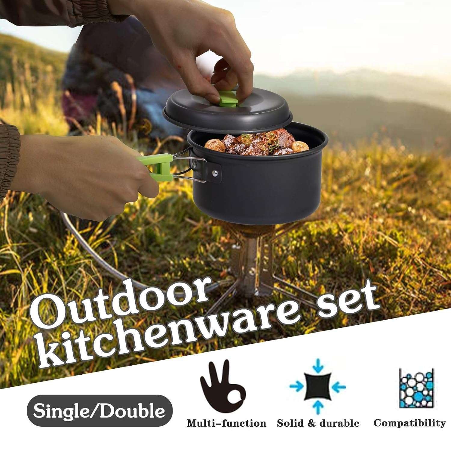 Flyworld 8 Pcs Camping Cooking Set,Camping Accessories for Outdoor,Camping Utensils with Carry Bag,Camping Bowl Pot Pan Set - Image 5