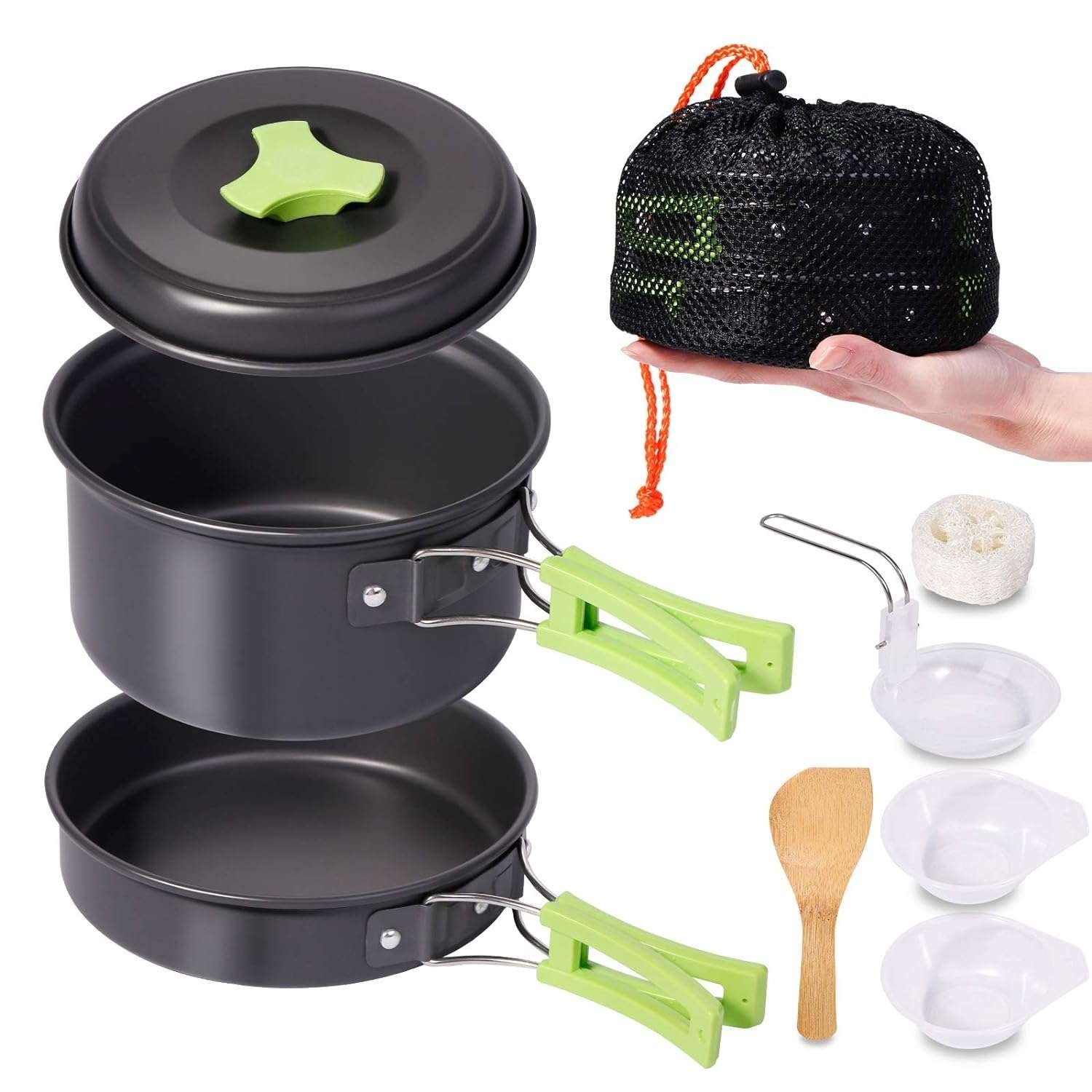 Flyworld 8 Pcs Camping Cooking Set,Camping Accessories for Outdoor,Camping Utensils with Carry Bag,Camping Bowl Pot Pan Set